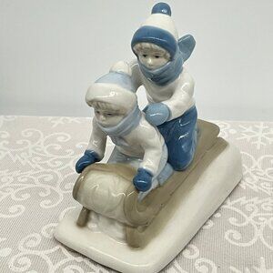 Porcelain Figurine Children Sledding 1992 Mexican Art DS Signed 5" x 4" Winter D